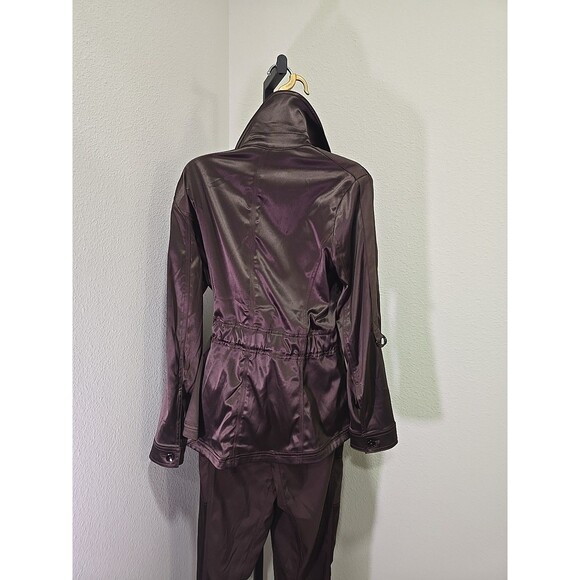 Chocolate Brown Suit Womens 10 Jacket Pants Satin Belted Stretch Ponte Collared - Picture 4 of 12